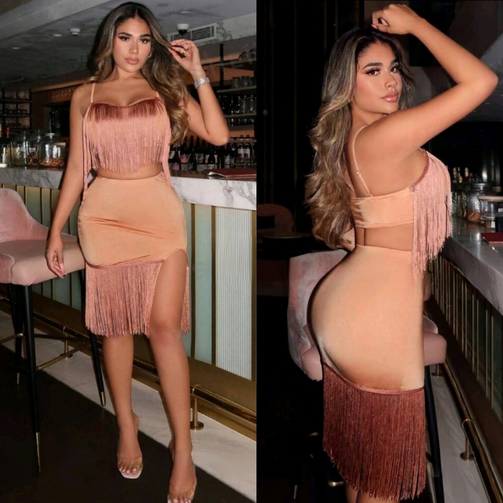NWT Sexy Tassel Split Thigh Two-Piece Skirt Set Size Medium